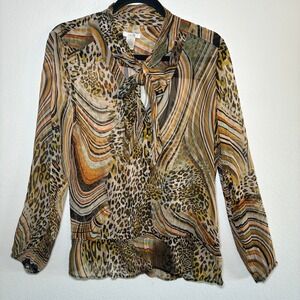 Cache Silk Blouse Leopard Print Maximalist Artsy Tie Neck Top Dopapamine Medium